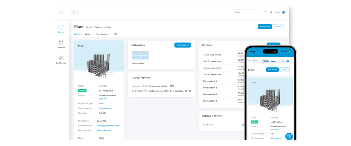 Dashboard of the GKT IIoT platform – example display and management of production facilities.