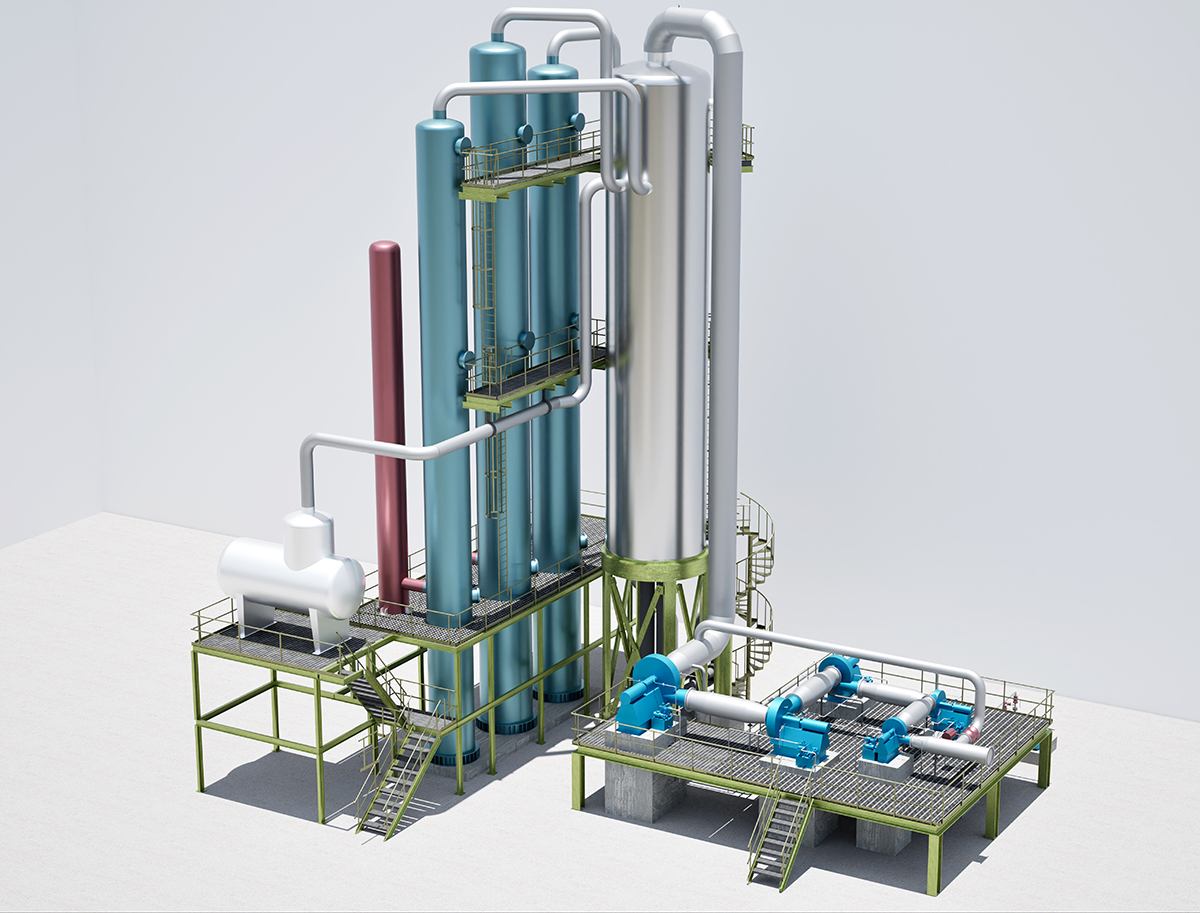 Example illustration of a VarioVAP system featuring three distillation columns, with vapors supplied to the falling film evaporator via separate lines. The generated steam is then compressed through multiple stages to increase its energy level